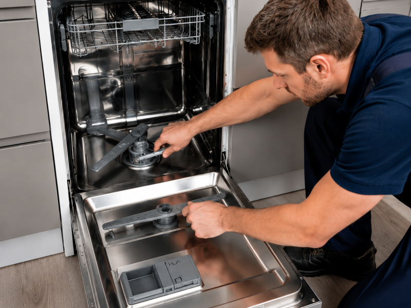 Technician repairing dishwasher rack and spray arm