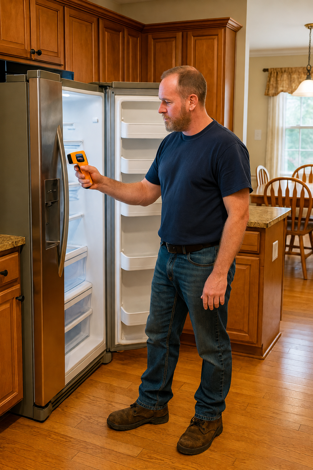 Refrigerator repair technician at work